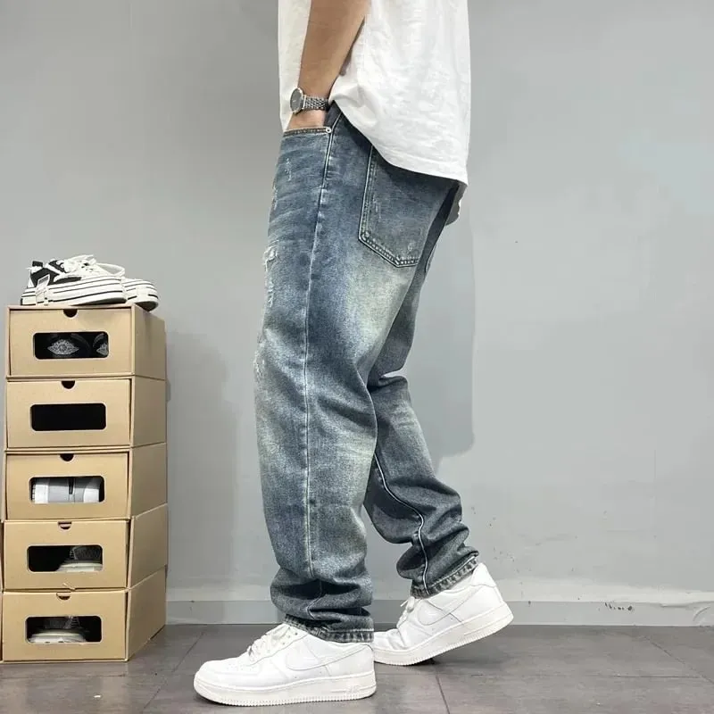 2025Heavy Duty Washed and Scraped Denim Men's Trendy High-end Embroidered Printed Loose Tapered Straight Leg Jeans — image 4