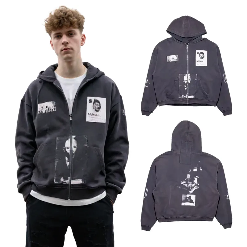 Y2k Subculture Graphic Zip Up Hoodies Hiphop Street Style Heavy Weight Cotton Retro Distressed Ripped Casual Loose Hoodies Men's — image 2