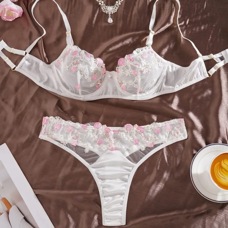 See Through Ultra Thin Transparent Mesh Bra Tongs Sets Underwear Flora Embroidery Underwire Sexy Lingerie Women Brassiere White