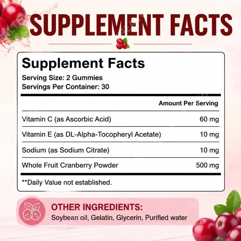 Cranberry Gummies for Urinary Tract Health Support with Vitamin C 40 Mg and Vitamin E 2.7 Mg 60 Gummies — image 3