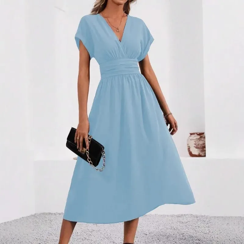 Dresses 2025 Woman Summer Solid-Color V-Neck Batwing-Sleeve Pleated Long Elegant Dress Woman Clothing Tops Skirts Y2k Clothes — image 3