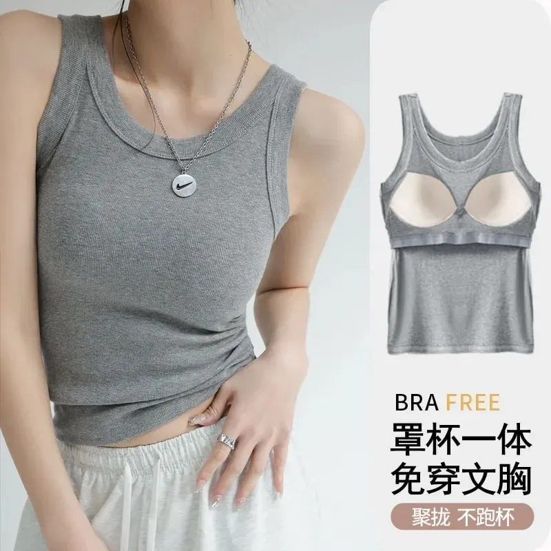 New Women Solid Round Neck Ribbed Tank Top Camisole Women Summer Basic Elastic TankTop One-piece Vest with Chest Pad Y2k — image 11