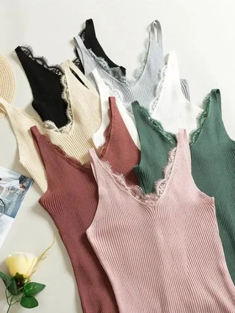 2026 Summer Casual Tops Solid Stitching V-neck Camis Women Hook Flower Lace Tank Female Knitted Short Slim Sleeveless Shirt — image 2