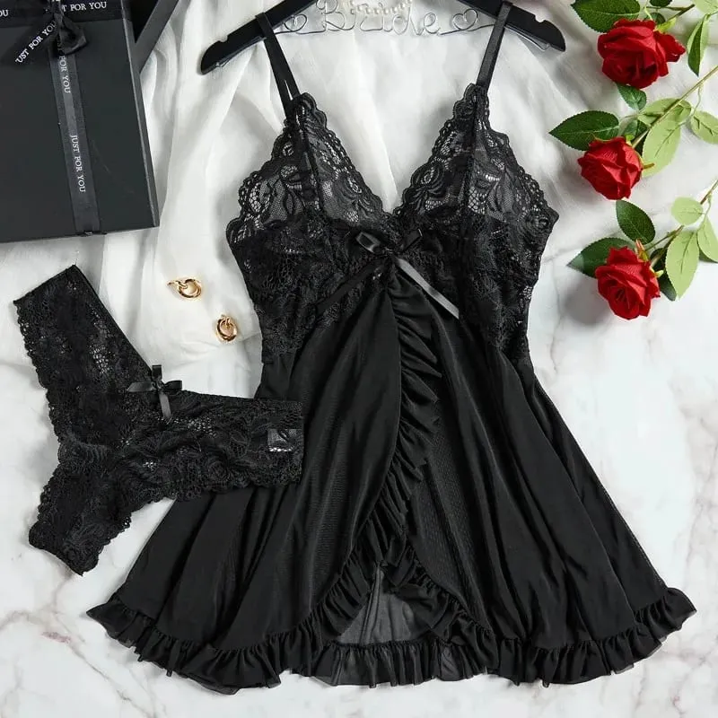 Sexy Lingerie Set Women Erotic Bra Nightdress Sexy Lace Sleepwear Solid Slim Soft Dresses V Neck Full Slip Sleepwear & Dresses — image 8