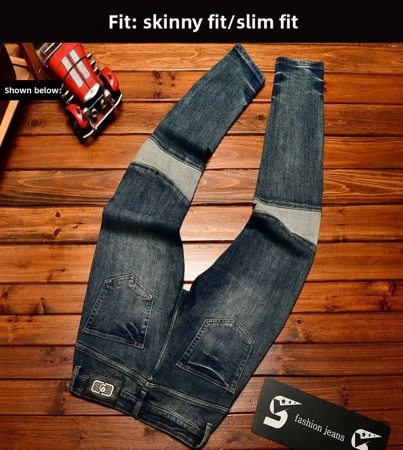 Fashionable high-end jeans for men slim fit small feet washed retro patchwork design trendy and luxurious men's pants — image 9