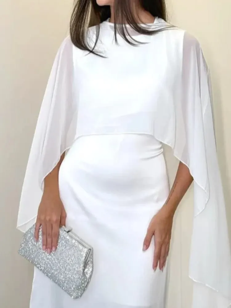 Sheer Cape Round Neck Maxi Dress For Woman Open Back Solid Plain Design Skirt Elegant Wedding Formal Evening Female Long Robes — image 3
