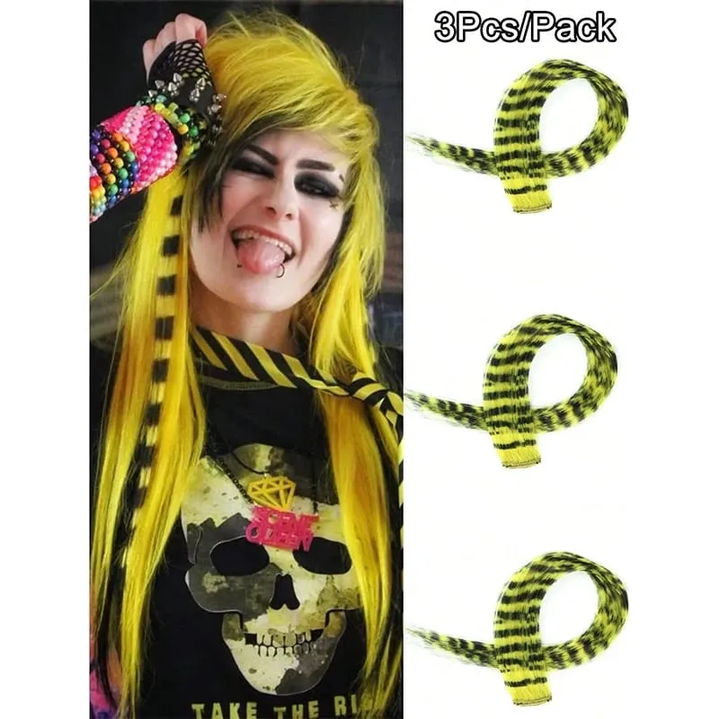 3Pcs Leopard Print Hair Extensions Synthetic Stripe Printed Hair Piece Colorful Long Straight Clip In Hair For Women Girls Party — image 9
