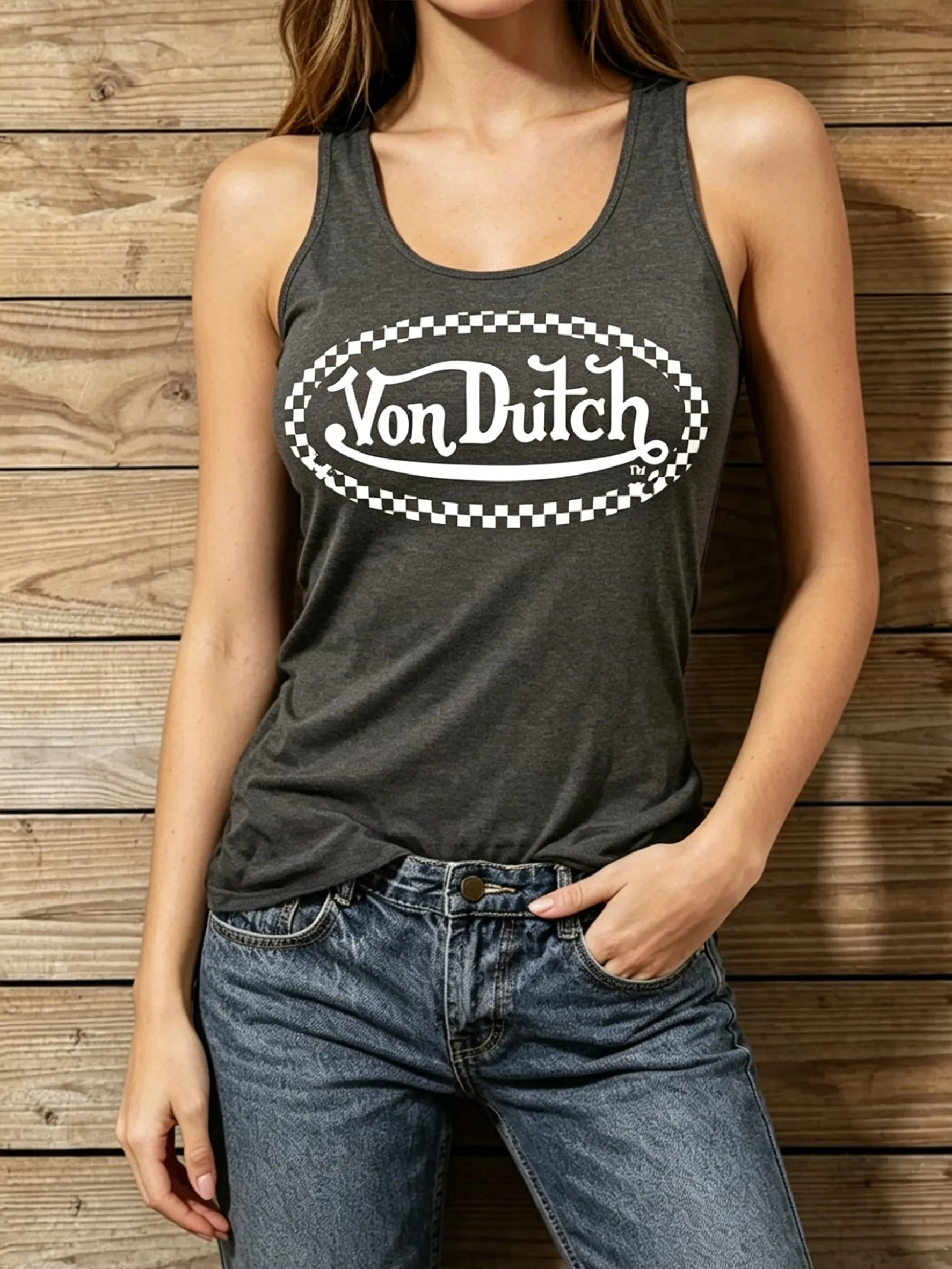Women's Y2K American Street Retro-Style Checkered Border Printed Casual Tank Top for Summer Sports Use — image 2