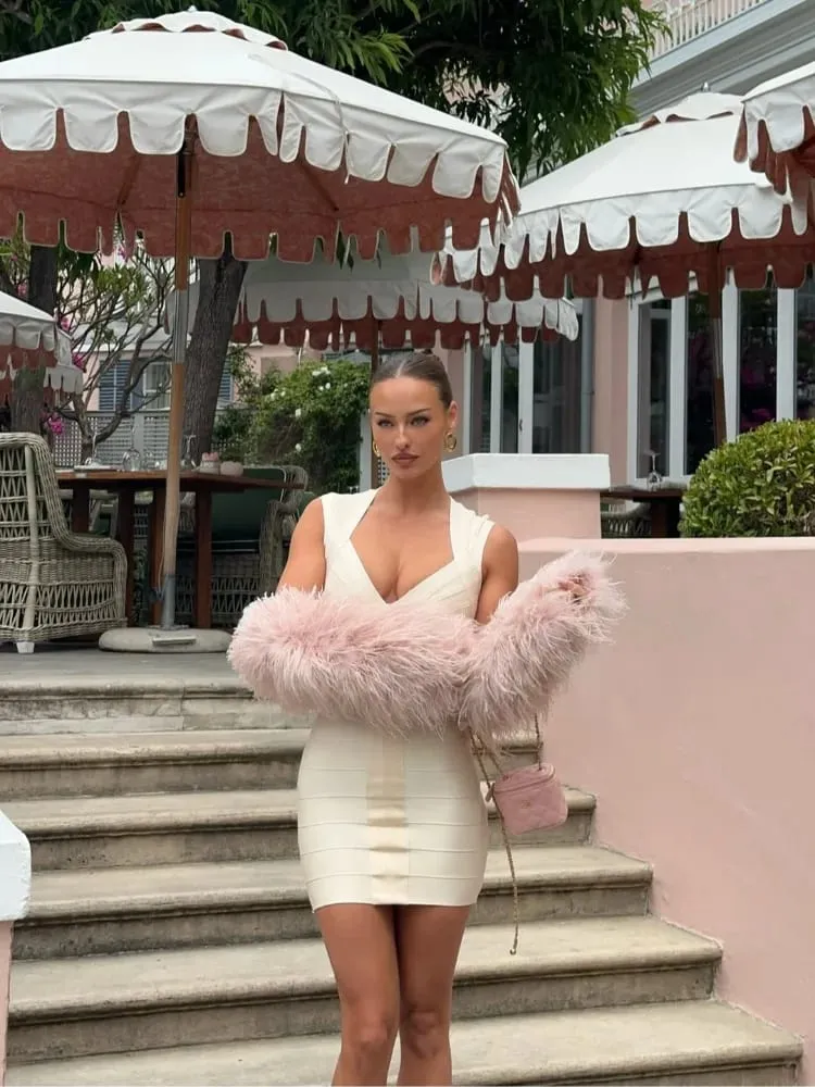Women Sexy Solid Color Deep V-neck Hip Hugging Dress Summer Sleeveless Waist Cinched Mini Dresses Lady Daily Party Short Gowns — image 5