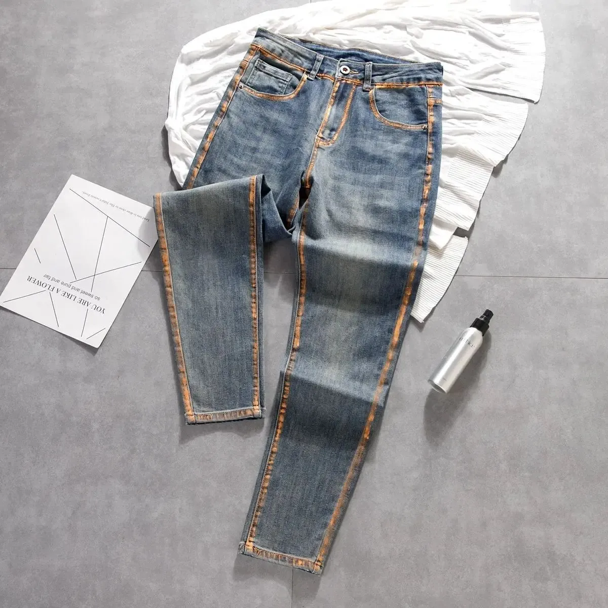 New Trousers Design Small Feet Elastic Slim Jeans High-end Casual Pants New Korean Work Original Paint Printing Trousers Man