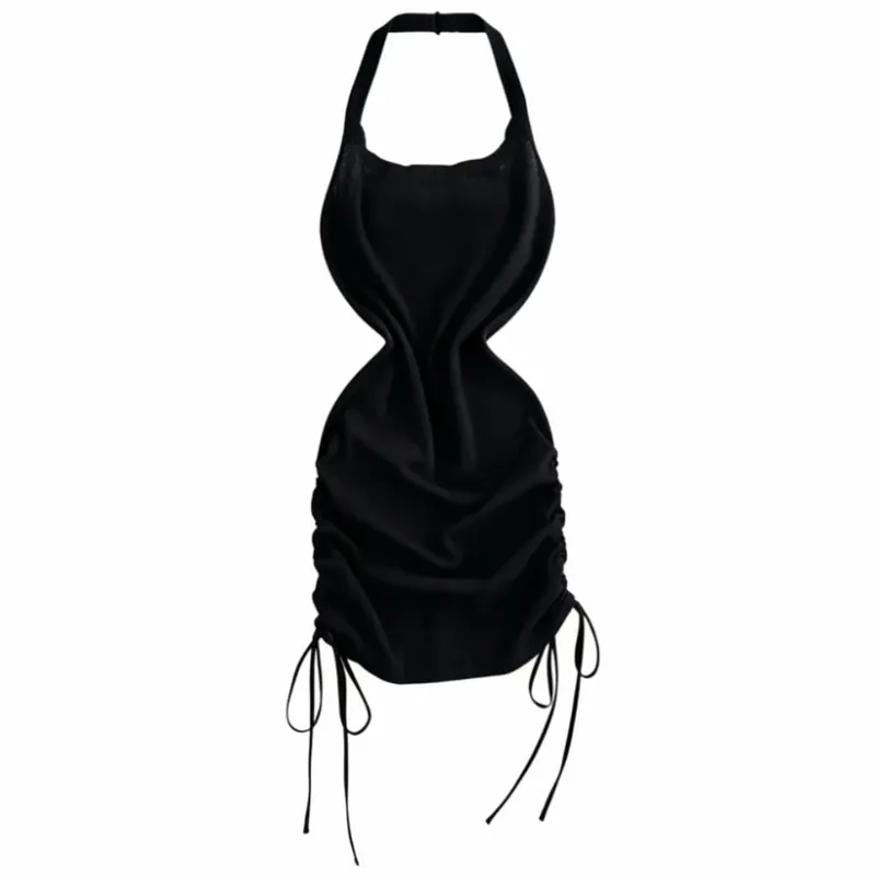 Solid Color Halter Neck Dress Sleeveless Design Drawstring Bodycon Dress Stretchy Knit Ruched Side Mini Dress Women Summer Wear — image 8