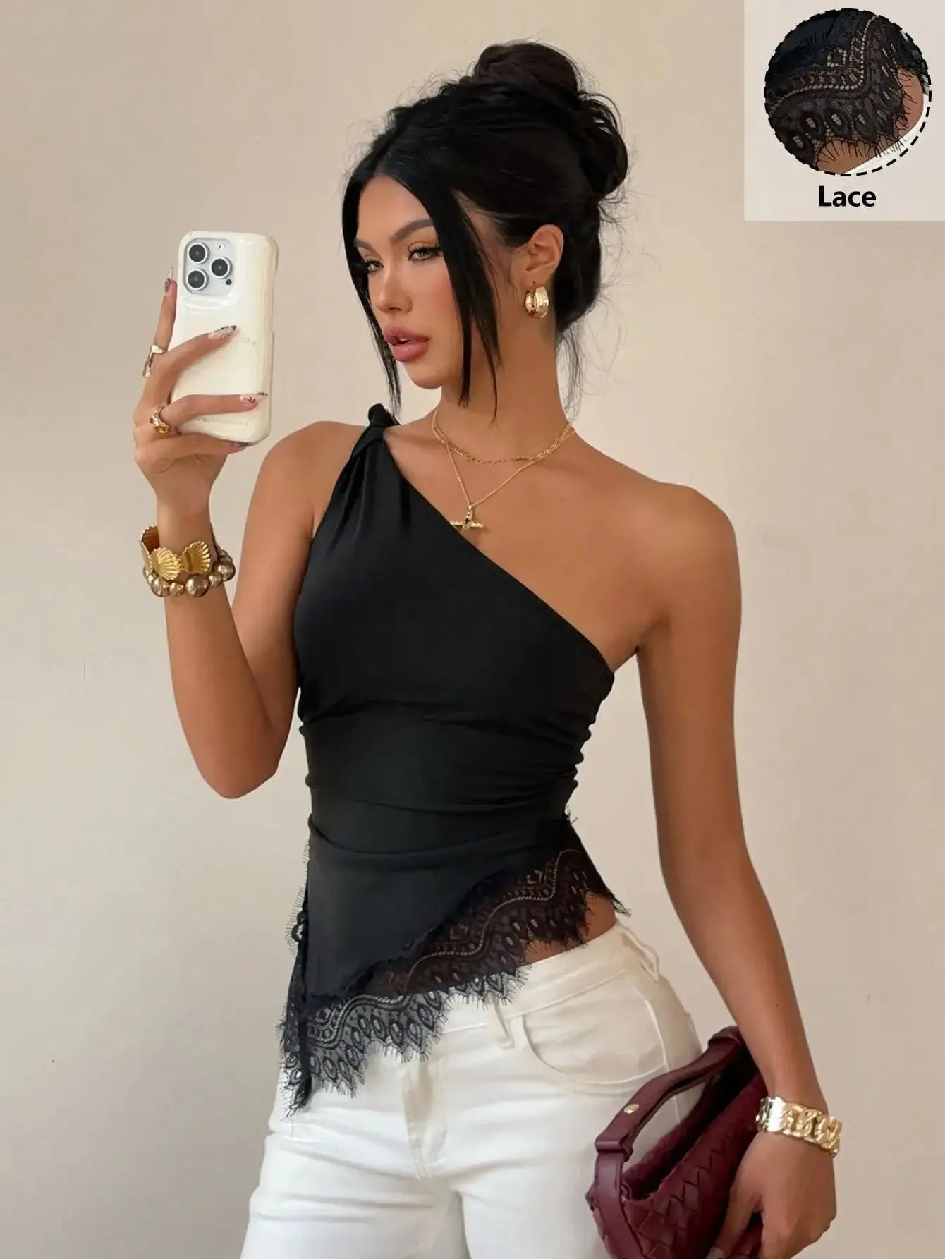 Women's Elegant Solid Color One-Shoulder Twist Vest with Lace Splicing Versatile Top for Vacation Party Beach Shopping Dati — image 7
