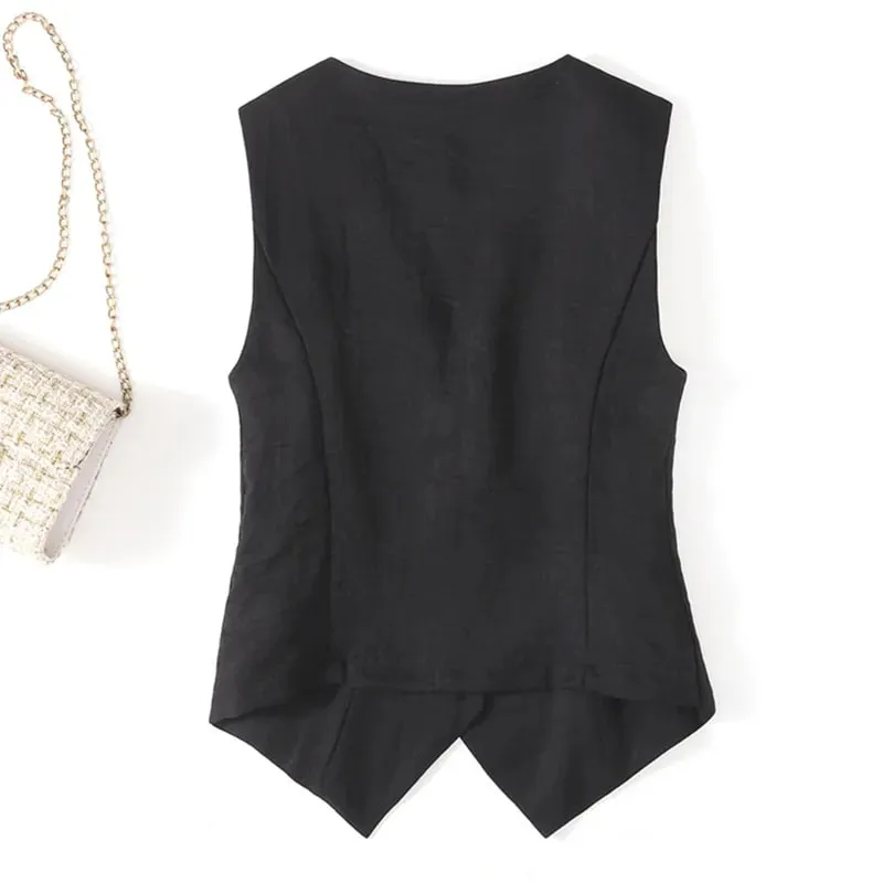 Summer solid color linen vest thin women's vest slim fit short sleeveless suit V-neck shoulder vest — image 4
