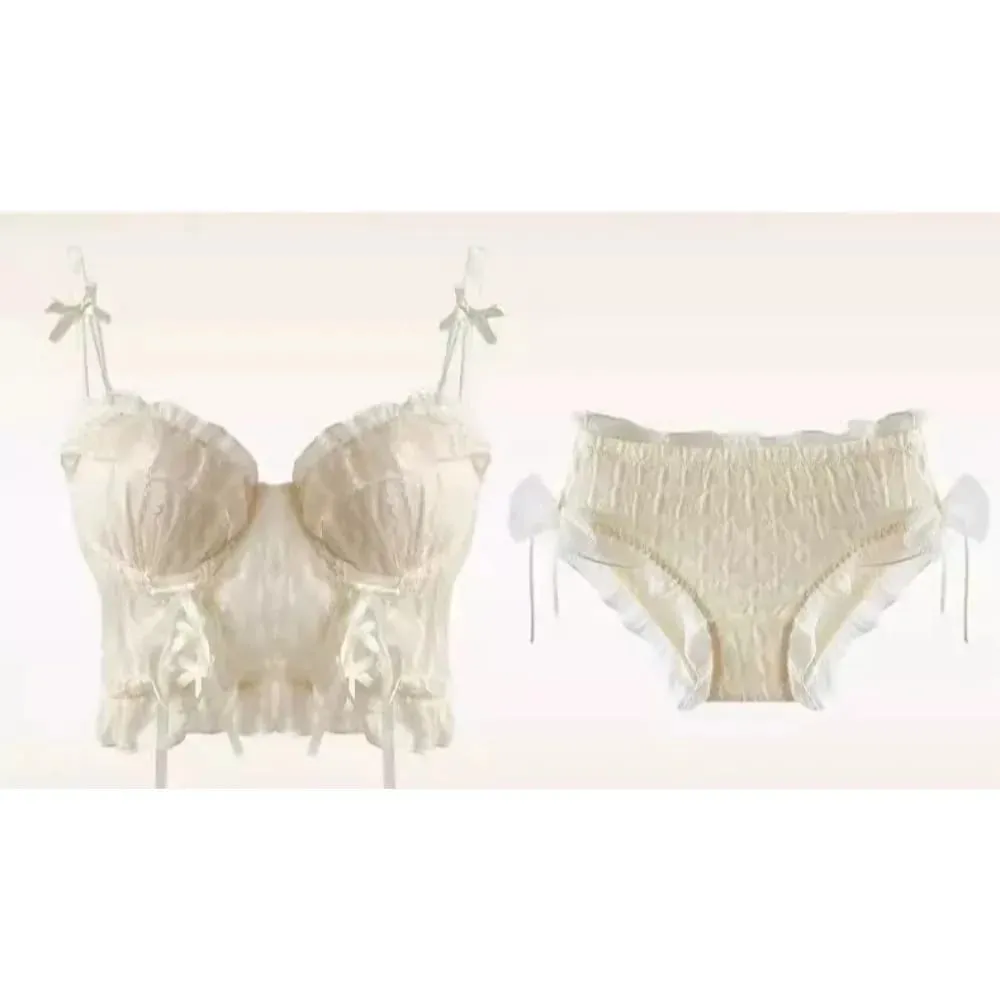 Doce plissado conjunto de sutiã de renda feminino pequeno busto push up malha cruz tiras puro suave diário lingerie macia 2 peças 32-38ab
