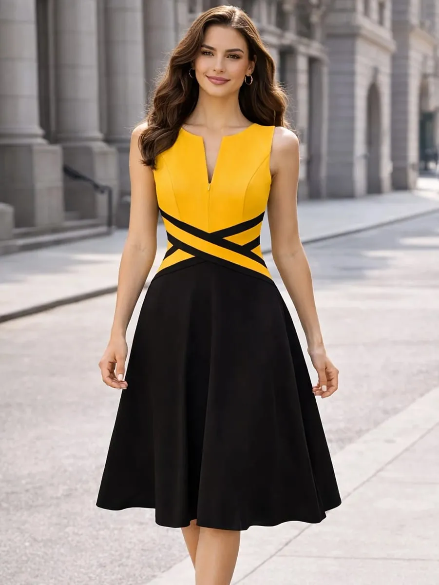 Womens Sleeveless Elegant Front Zipper Work Office A-Line Colorblock Business Casual Party Slim Fit And Flare Swing Dress — image 2