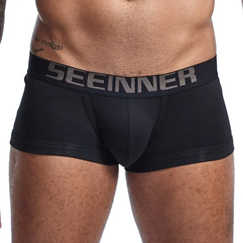 Seeinner Mens Boxer Shorts Cotton U Convex Pouch Pakaian Dalam Lembut Selesa Seluar Dalam Cueca Masculina M-XXL Hitam Putih Kelabu