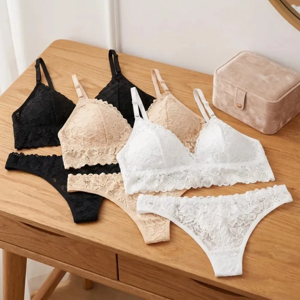 Underpants V Neck Lace Flower Bra Set Solid Color Thong Floral Panties Bra Kit Lingerie T-Back Lace Underwear Women — image 1