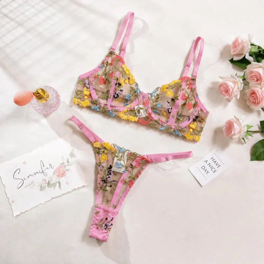 2-Piece Bohemia Floral Lingerie Set Sheer Embroidery Underwear Intimates Versatile Underwire Push-up Bra Panty Set For Lady Girl — image 6
