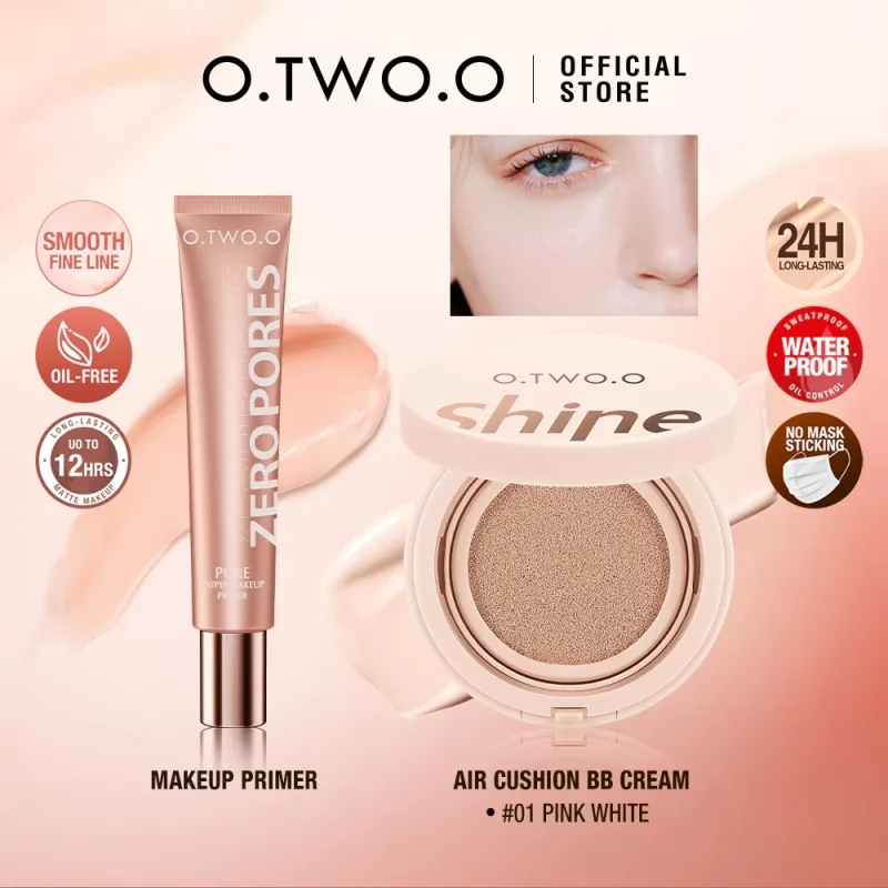 O.TWO.O 2 pezzi Set trucco viso Primer Cuscino d'aria BB Cream Controllo olio invisibile Poro Soft Focus Cosmetici Brightskin a lunga durata
