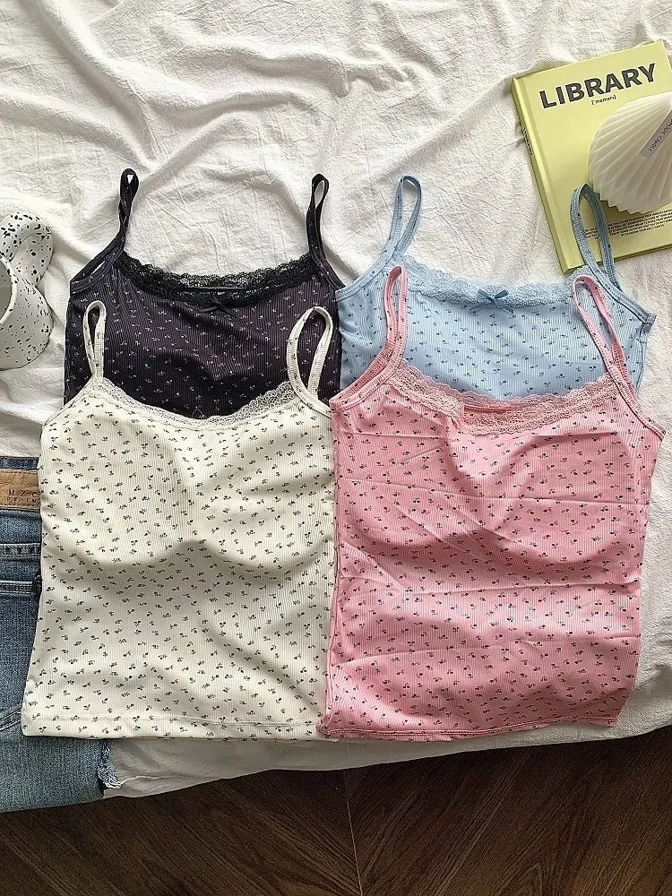 Elegant Lace Flower Print Slim Sexy Vest Floral Tops One Size Tank Spring Sweet Bowknot Style T-Shirt Casual Crop Top Summer — image 5
