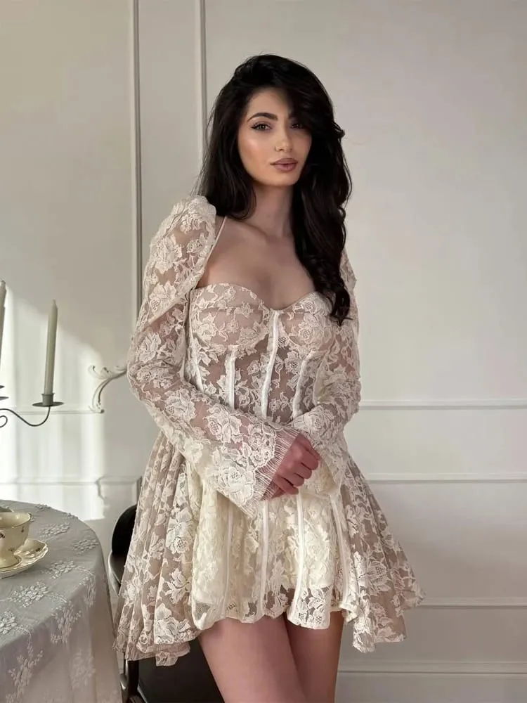 Sexy Lace Lace-up Fishbone Mini Dress Women's Backless Full Sleeve See Through A-line Vestido 2026 Lady Evening Party Gowns — image 5