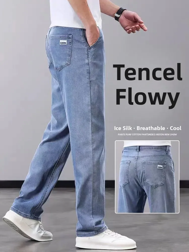 Summer Thin Wide Leg Pants Loose Fit Casual Ice Silk Jeans Men's Breathable Straight Cut Long Trousers Business Gentleman Style — image 2