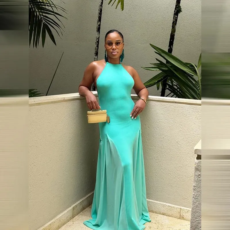 Women's Halter Neck Open Back Maxi Dress Ribbed Knit Top Flowy Chiffon Hem Bodycon Female Summer Evening Vacation Party Dress — image 3