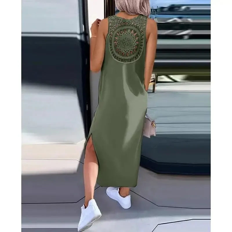 New Summer Casual Hollow Sexy Loose Dress Women Fashion Slit Sleeveless Party Dresses Women Round Neck Mid Length Ladies Dress — image 6