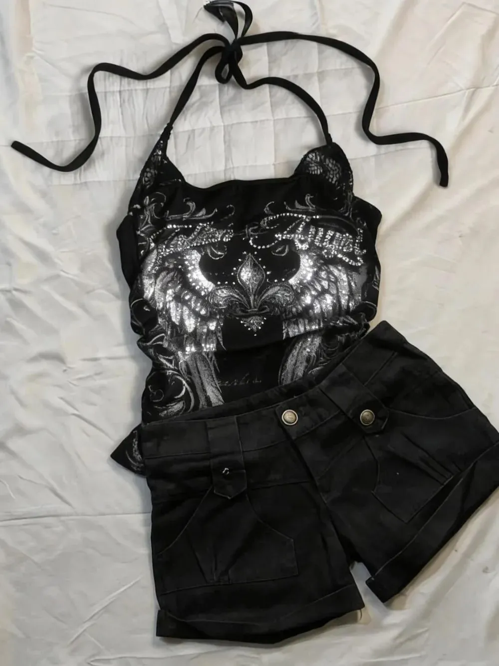 Women Y2K Gothic Angel Wing Rhinestone Halter Cami Top Grunge Dark Alt Fashion Sleeveless Lace Trim Backless Vintage Streetwear