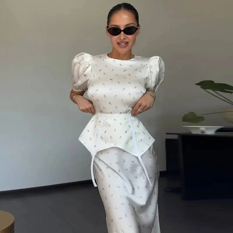 Women's White Floral Print Puff Sleeve Dress With Waistband Fashion Satin Ruffled Hem Maxi Dress Lady 2026 Elegant Party Robes