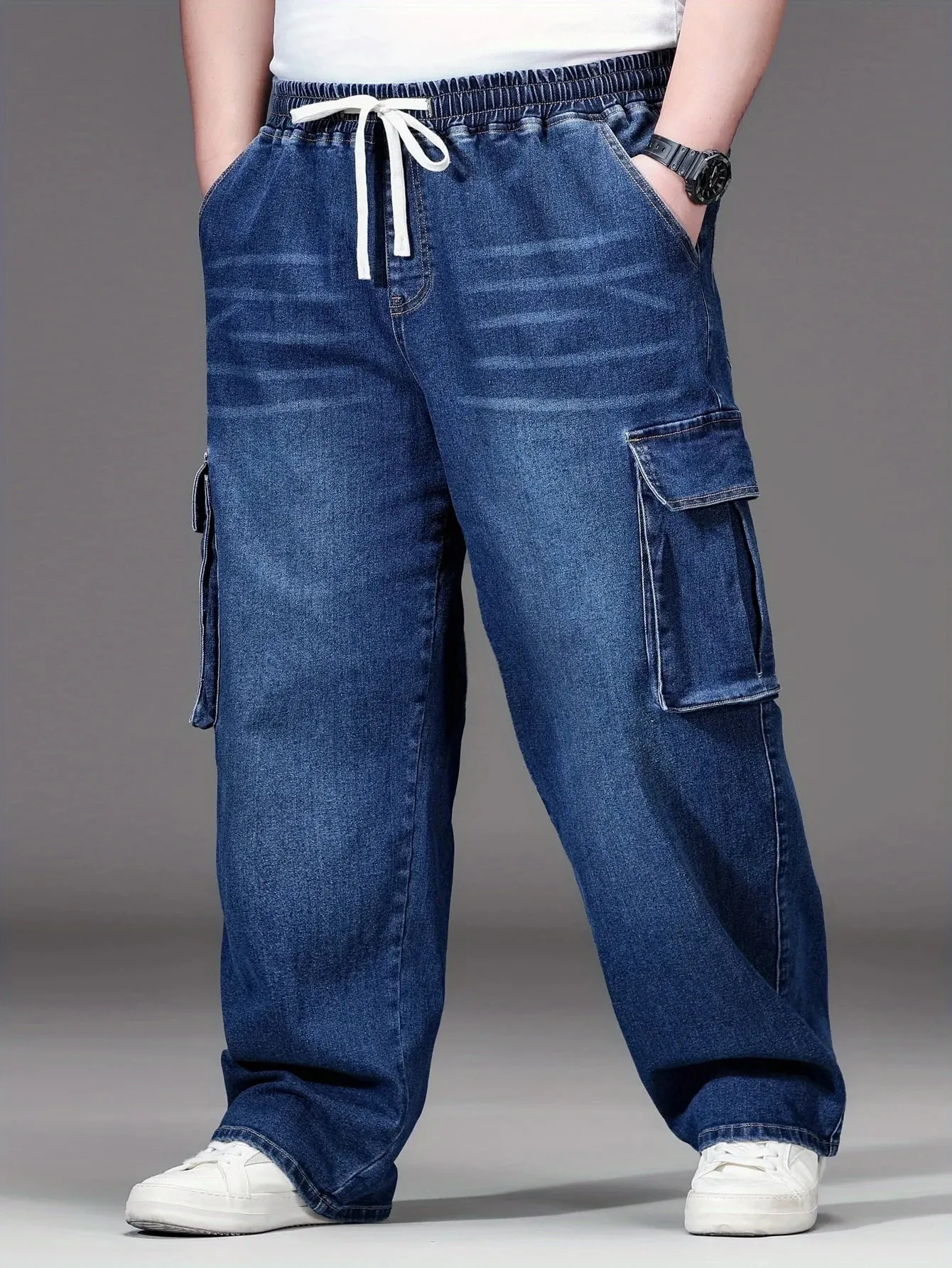 2026 New Men Oversized Jeans High Waist Elastic Drawstring Stretch Baggy Denim Pants Casual Versatile Plus Size Trousers — image 5