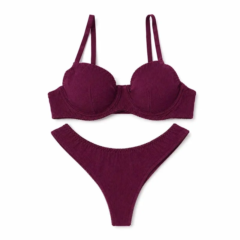 Women Solid Ribbed Lingerie Set Underwire Thin Cup Bra Matching Low Rise Thong Soft Daily Intimates — image 10
