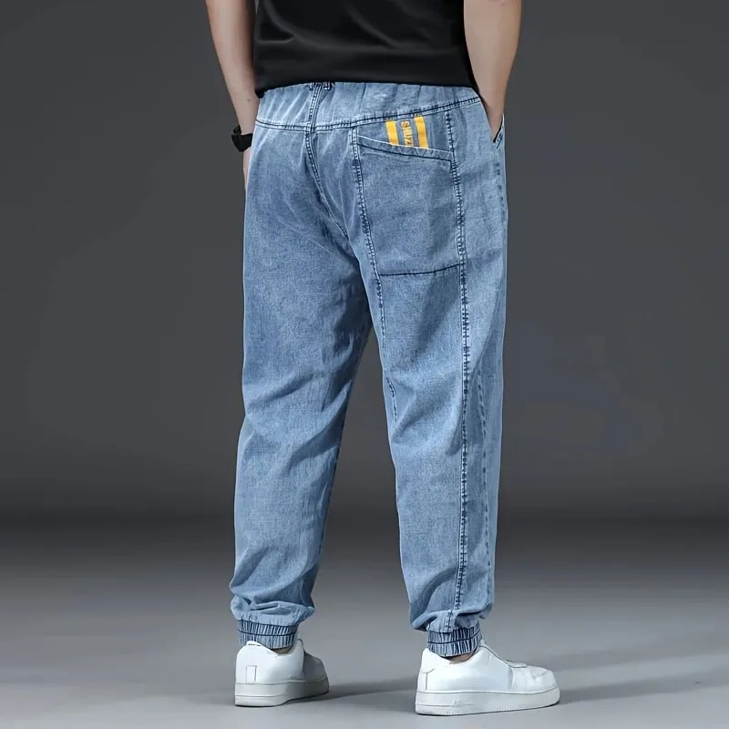 Men's Elastic Waist Loose Straight Jogger Jeans Plus Size Cuffed Ankle Denim Pants pantalones hombre Casual Trousers