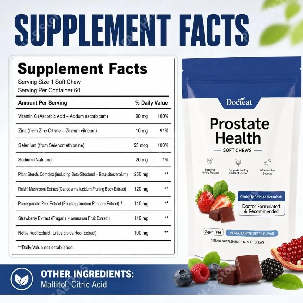 Docteat Prostate Health Soft Chews Sugar-Free with Vitamin C Zinc and Selenium for Immune System Balance 60 Soft Chews — image 3