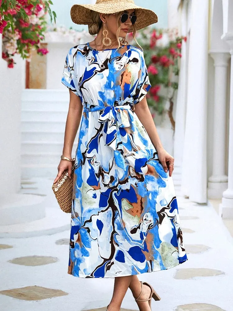 Women Long printed Dress with sashes Fashion Slim Chiffon O-neck A-line Loose Dress Elegant female holidays beach dresses — image 2