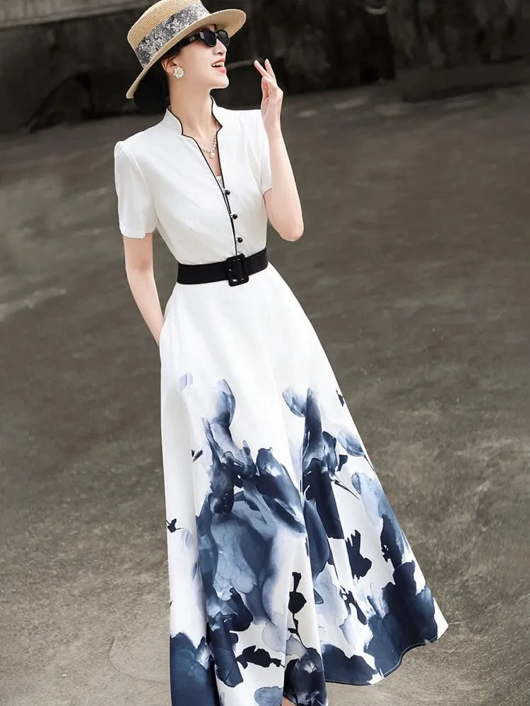 2026 Summer New Chinese Style Ink Painting Print Waist Cinched Swing Dress — image 1