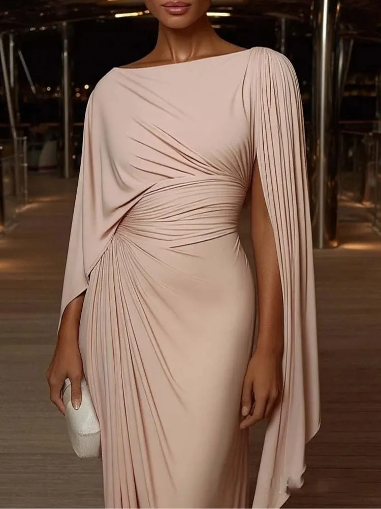Elegant High Waist Solid Color Banquet Dress Lady Leisure Irregular Long Sleeve Dress Sexy Slash Collar Pleat Slim Evening Dress — image 6