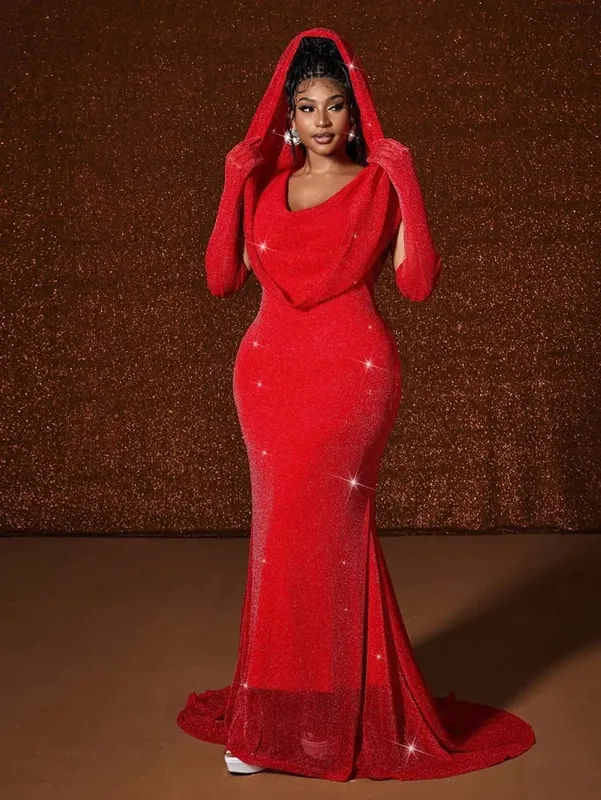 Plus Size Hat Sexy Waistband Hot Gold Fish Tail Swing Long Solid Colour Fishtail Slim Package Hip Dress Hooded — image 2