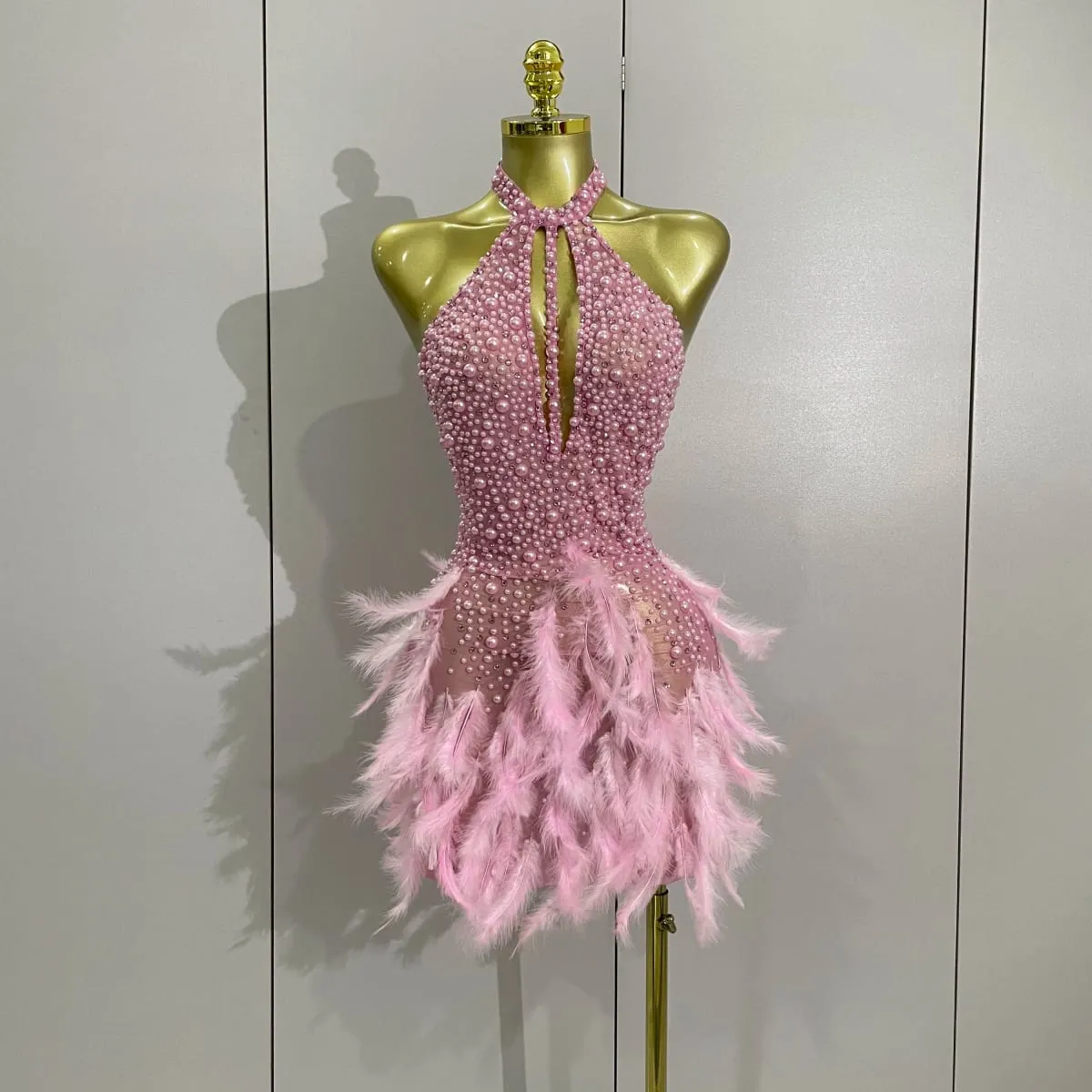 Women Luxury Rhinestones Pearls Feathers Halter Backless Short Dress Women Sexy Celebrate Birthday Dress Nightclub Stage Costume — image 1
