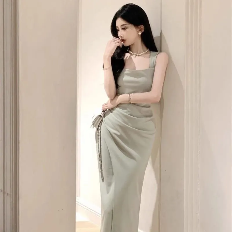 ผู้หญิงพรีเมี่ยมสีเขียวอ่อน Draped สแควร์คอกลางลูกวัวชุดเลดี้ Elegant แขนกุดด้านข้าง Slit หญิงฤดูร้อนชุดกระชับ — image 3