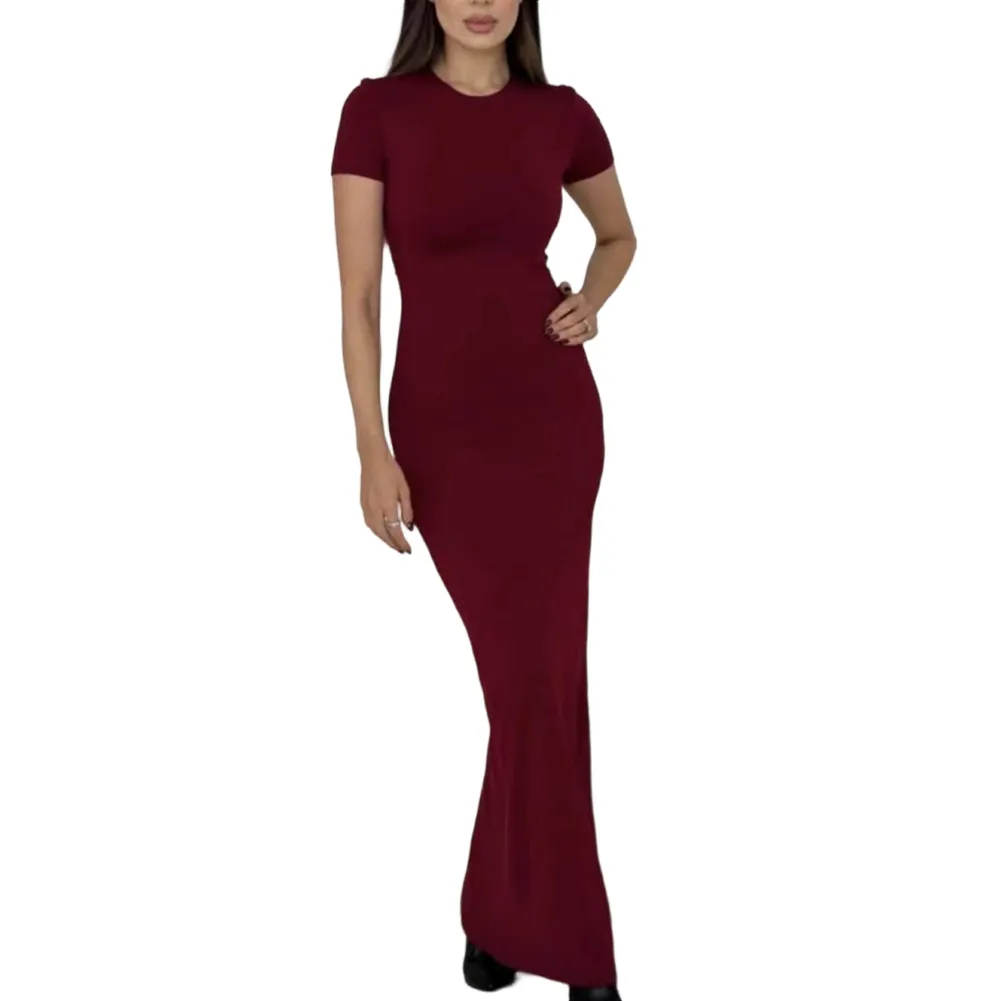 Women's Elastic Slim Fit Long T-shirt Dress Featuring Round Neck and Short Sleeves Suitable for Everyday and Special Occasions — image 4