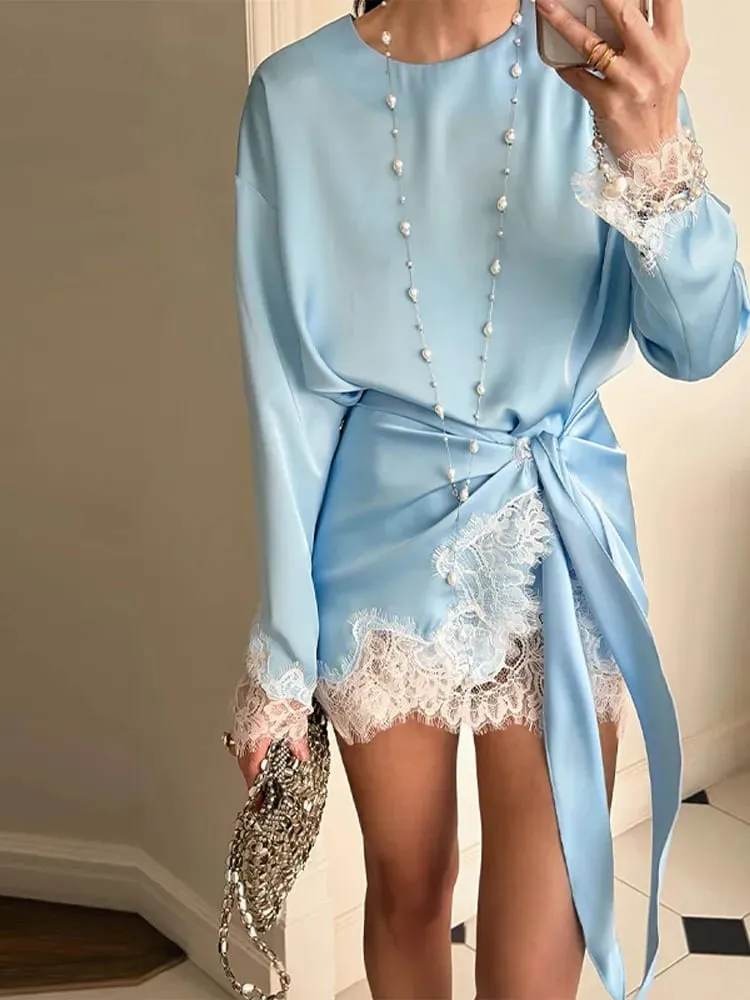 Elegant Women's Dress O-neck Full Sleeve Loose Solid Lace Hem Female Short Dresses 2026 Spring Summer New Sexy Fashion Lady Robe — image 6