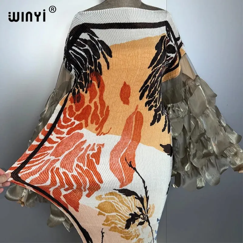Elastic Slim Pleated Dress Beach Cover Up Boho Kaftan Abaya Dubai Luxury Party Dress Long Down Muslim Woman Evening Dress — image 5