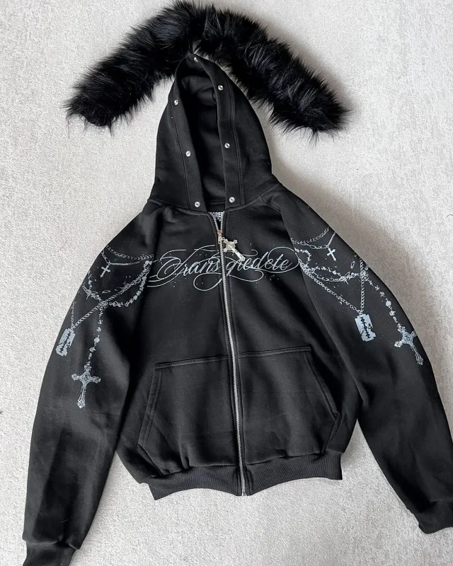 American Retro Rock Gothic Graphic Fur Collar Loose Zipper Sweatshirt Men's Y2K New Harajuku Punk Casual Joker Hoodie Streetwear — image 4