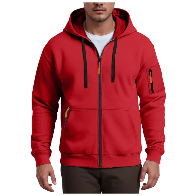Men's Hoodies Solid Color Loose Zip Up Jacket Arm Zipper Pocket Hoodies Sand Hoodie Men