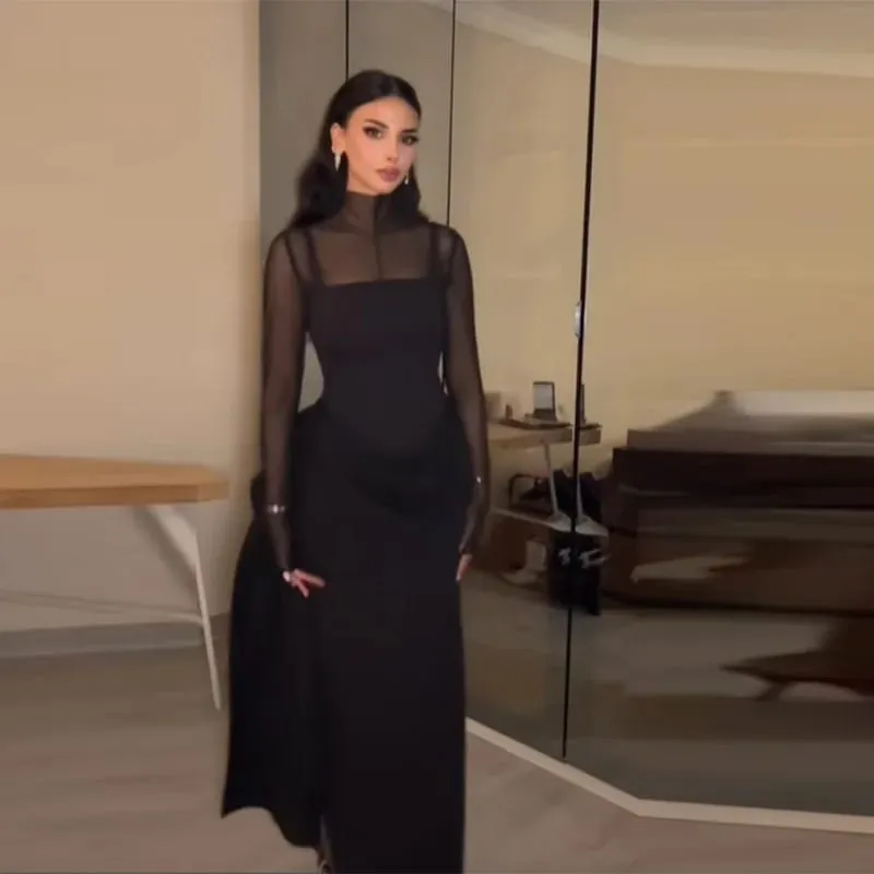 Stylish Lady Mesh See Long Sleeve Splicing Dress Elegant Evening Gown Women's 2026 New Luxury Boutique Club Party Dresses — image 2