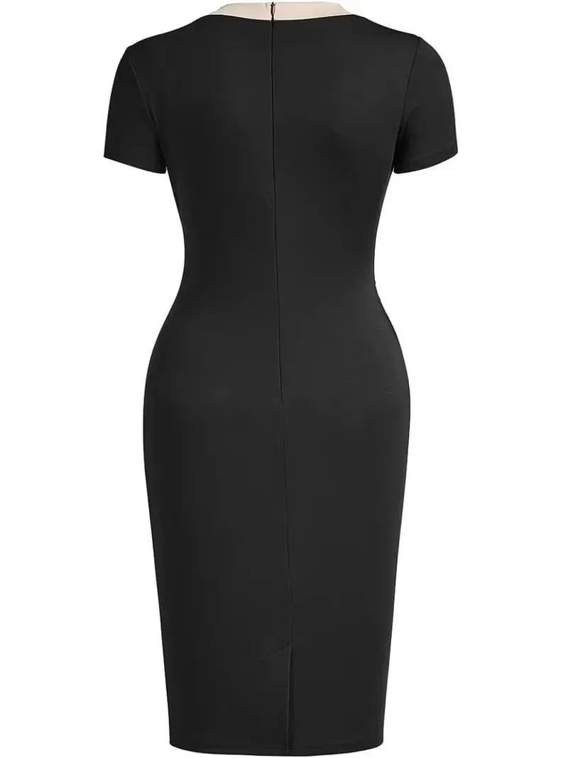 Women Elegant Color Block Asymmetrical Square Neck Short Sleeve Business Casual Work Knee Length Bodycon Pencil Dress — image 2