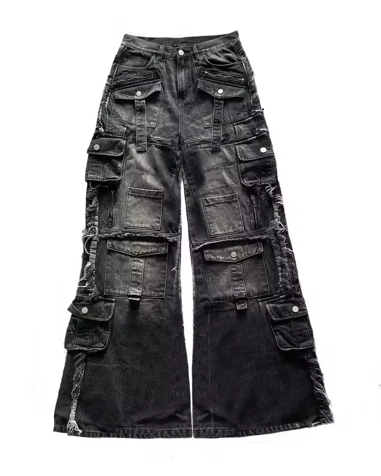 Y2K Black Multi Pocket Cargo Jeans Men Women Wide Leg Distressed Frayed Hem Flap Pockets Button Detail Baggy Streetwear Trousers
