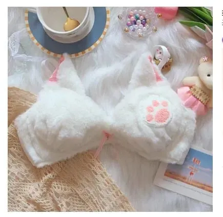 Cute Cat Paw Plush Lingerie Set for Women Warm Winter Bra & Panty with Ears Comfortable Kawaii Underwear — image 12