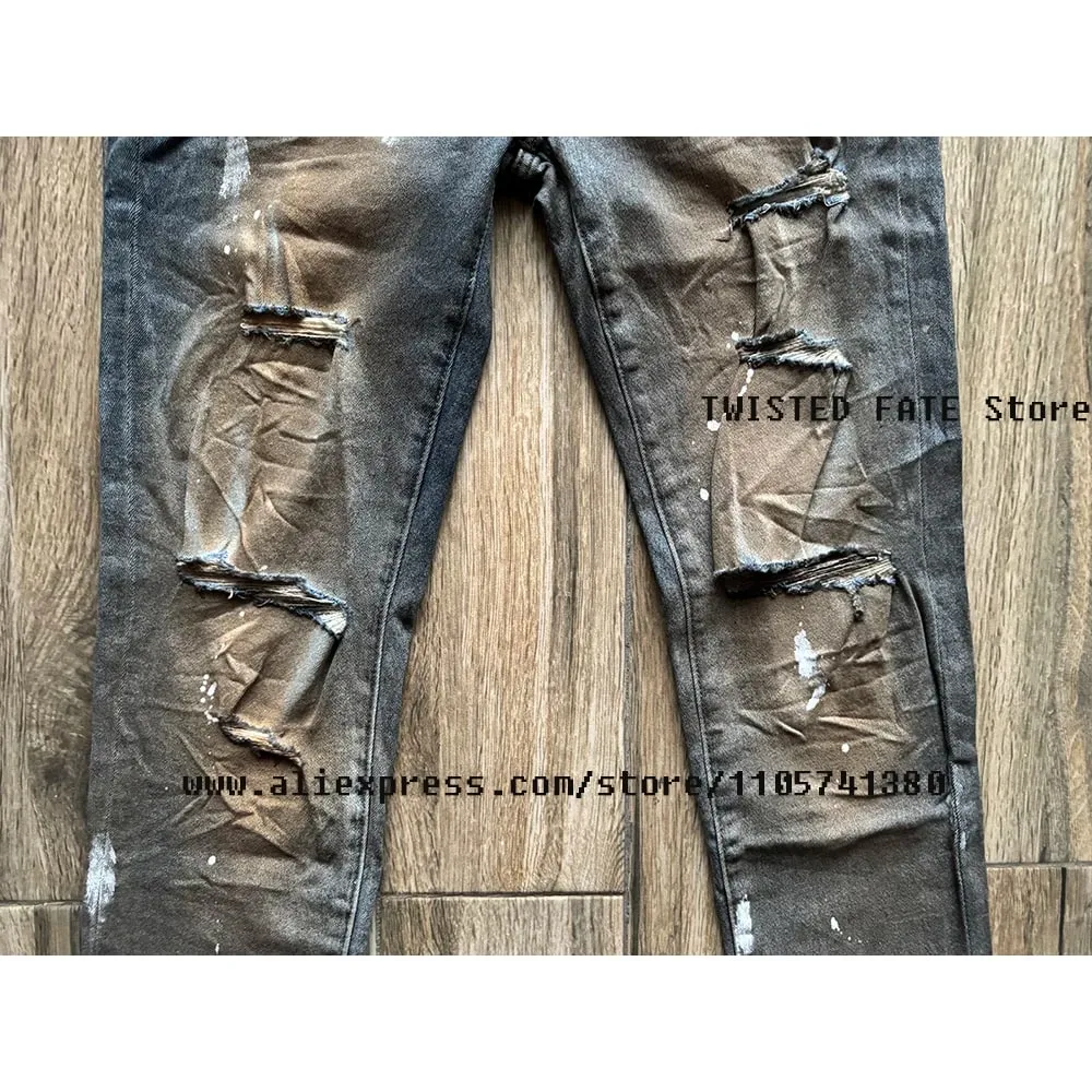 Men's High Street Distressed Dirty Washed Light Blue Cut Out Stretch Skinny & Slim Fit Spray Painted Ripped Jeans